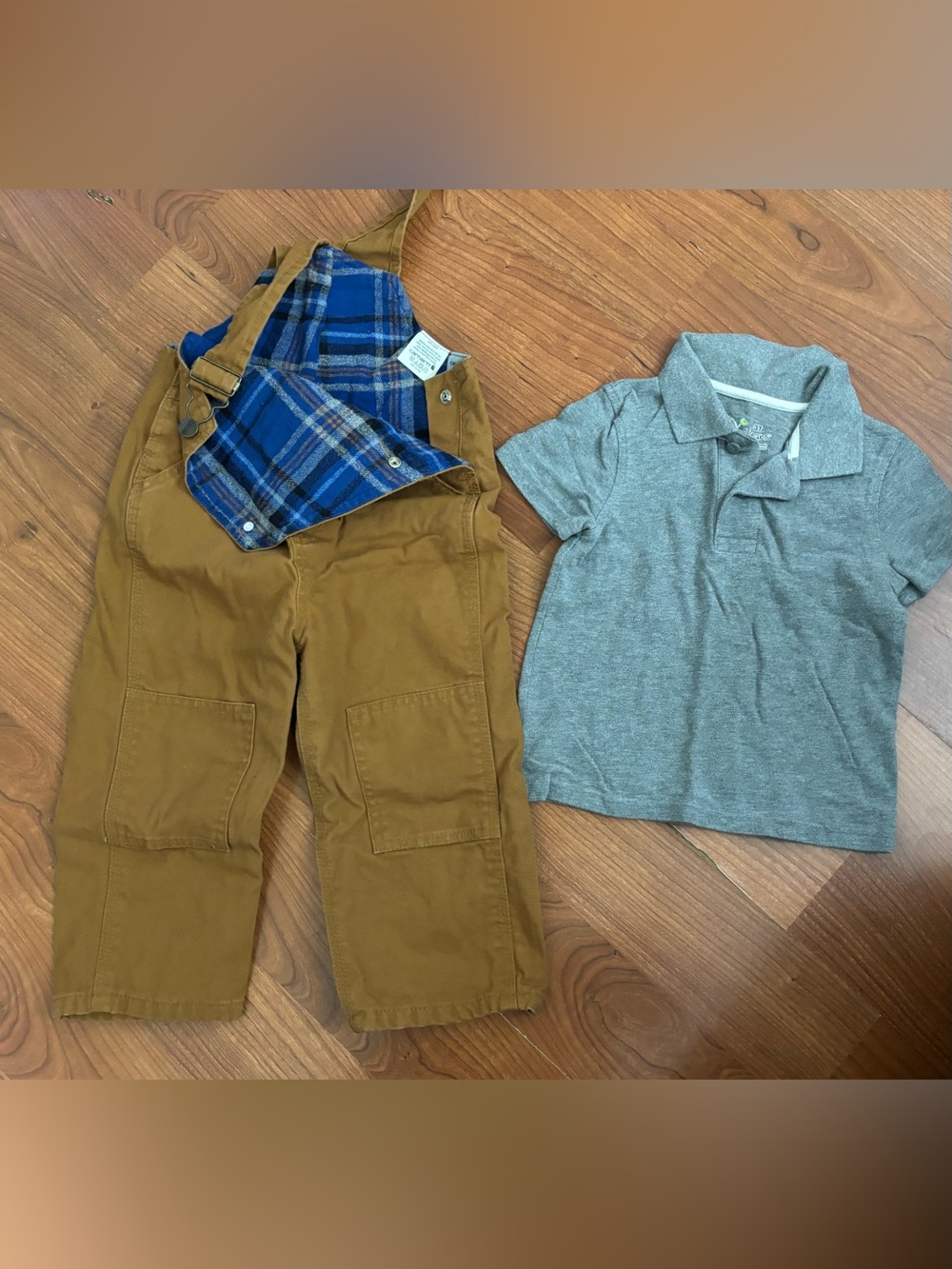 Carhartt Kids Boys Tan Canvas Double Overalls Brown 2T Coveralls Blue Shirt 3T